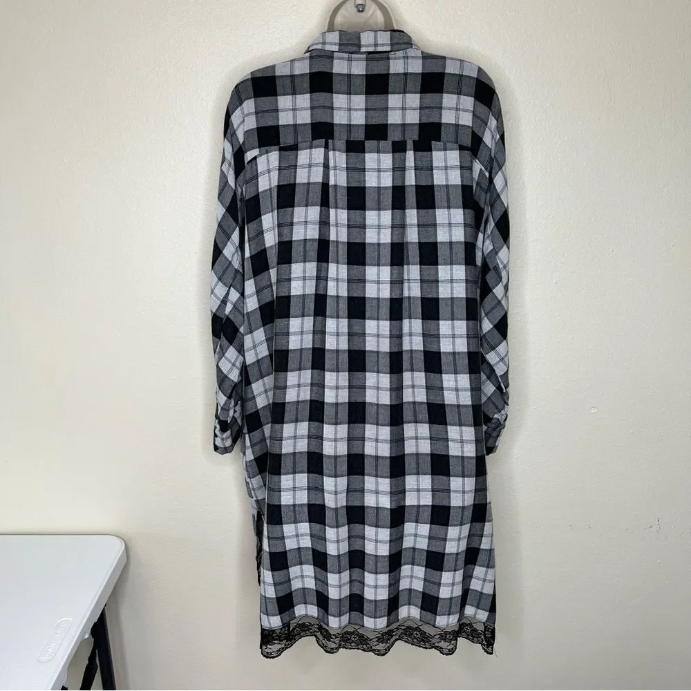 Zara Trafaluc Collection Plaid Lace Dolman Sleeve Black White Shirt Dress Large
